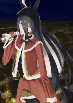 1girl absurdres ahoge animal_ears black_hair black_pantyhose capelet closed_mouth commentary_request ear_ornament eyes_visible_through_hair fur-trimmed_jacket fur-trimmed_skirt fur_trim hair_between_eyes highres holding holding_sack horse_ears horse_girl horse_tail jacket long_hair long_hair_between_eyes looking_at_viewer manhattan_cafe_(umamusume) multicolored_hair open_clothes open_jacket pantyhose plaid_clothes plaid_skirt red_capelet red_jacket red_skirt red_sleeves sack santa_costume showgirl_skirt skirt smile solo tail tp_tof umamusume very_long_hair white_hair yellow_eyes