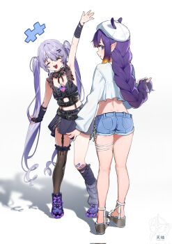 2girls arm_up ass black_shirt black_skirt blue_eyes chest_jewel closed_eyes crop_top denim denim_shorts dimples_of_venus gem gradient_hair grey_leg_warmers highres hololive hololive_english koseki_bijou koseki_bijou_(casual) leg_warmers long_braid multicolored_hair multiple_girls ninomae_ina&#039;nis official_alternate_costume official_alternate_hairstyle open_mouth orange_hair pointy_ears purple_gemstone purple_hair shirt short_shorts shorts single_leg_warmer single_thighhigh skirt standing tenchi_mayo tentacle_hair thighhighs twitter_username virtual_youtuber white_background white_shirt