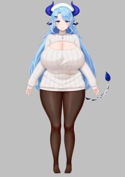 1girl absurdres animal_ears animal_print arms_at_sides blue_eyes blue_hair blue_horns blue_pupils breasts bright_pupils cleavage cleavage_cutout closed_mouth clothing_cutout cow_ears cow_girl cow_tail cream_cod feet full_body grey_background hair_ornament hairclip hat highres horns huge_breasts indie_virtual_youtuber jewelry long_hair long_sleeves miilkywayz mole mole_on_breast mole_under_eye mole_under_mouth necklace official_art open_hands pantyhose parted_bangs pom_pom_(clothes) second-party_source sidelocks simple_background sleeves_past_wrists solo standing star-shaped_pupils star_(symbol) straight-on sweater symbol-shaped_pupils tachi-e tail thick_thighs thighs turtleneck turtleneck_sweater virtual_youtuber white_hat white_sweater