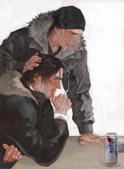 2boys beanie beard_stubble beer_can black_hair black_jacket black_shirt blue_eyes brown_eyes can cigarette crossed_arms ctkcave drink_can facial_hair from_side fur-trimmed_jacket fur_trim hand_on_another&#039;s_head hand_on_table hat holding holding_cigarette jacket male_focus multiple_boys mustache original shirt short_hair smile smoke smoke_trail smoking stubble table white_shirt