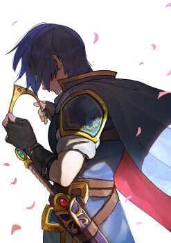 1boy absurdres armor belt blue_hair blue_tunic cape dancho_no_mori falchion_(fire_emblem) fingerless_gloves fire_emblem fire_emblem:_shadow_dragon from_side gloves highres holding holding_tiara marth_(fire_emblem) nintendo petals short_hair shoulder_pads sword tears tiara tunic two-sided_cape two-sided_fabric weapon