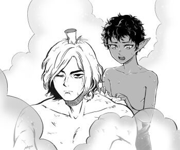 2boys :| alternate_species bathing closed_mouth collarbone dark-skinned_male dark_skin dungeon_meshi elf frown greyscale holding holding_towel kabru kabru_(elf) looking_afar looking_at_another mithrun mithrun_(tallman) monochrome multiple_boys muscular muscular_male mushroom mushroom_on_head negri one_eye_closed open_mouth pointy_ears rubbing_neck same-sex_bathing scar scar_on_arm scar_on_chest shared_bathing short_hair signature skinny steam topless_male towel wet wet_hair