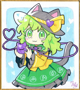 1girl :3 animal_ears black_hat buttons cat_ears cat_tail chibi closed_mouth commentary_request diamond_button eyeball frilled_shirt_collar frilled_skirt frilled_sleeves frills green_eyes green_hair green_skirt hat hat_ribbon heart heart_of_string highres komeiji_koishi long_sleeves looking_at_viewer miy_001 open_mouth ribbon shikishi shirt signature skirt smile tail third_eye touhou traditional_media wide_sleeves yellow_ribbon yellow_shirt