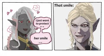 Rule 34 | 2girls, baldur's gate, baldur's gate 3, blonde hair, border, colored skin, commission, crazy smile, dark elf, dungeons & dragons, dungeons &amp; dragons, elf, flower symbol, freer, grey skin, hair bun, heart, highres, long hair, minthara, multiple girls, open mouth, pointy ears, raised eyebrow, red eyes, second-party source, short hair, simple background, single hair bun, smile, smirk, speech bubble, tav (baldur's gate), white background, white border, white hair, yuri