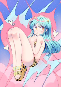 1girl absurdres animal_print bikini blue_hair commentary cone_horns english_commentary full_body heart heart-shaped_pupils highres horns long_hair looking_at_viewer lum mosyart pointy_ears print_bikini print_sandals sandals sky solo star_(sky) starry_sky swimsuit symbol-shaped_pupils tiger_print urusei_yatsura