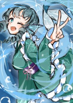 1girl ;d blue_background blue_eyes blue_hair commentary_request drill_hair drill_sidelocks fins frilled_kimono frills green_kimono head_fins japanese_clothes kimono kneeless_mermaid long_hair looking_at_viewer mermaid monster_girl obi obijime one_eye_closed open_mouth print_kimono sash sidelocks smile solo sparkle touhou underwater v wakasagihime wide_sleeves zukki0731