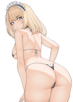 1girl ass back bare_arms bare_legs bare_shoulders bikini black_choker blonde_hair blue_eyes breasts cameltoe centaureissi_(girls'_frontline_2) choker commentary english_commentary from_behind g36_(girls'_frontline) gd146 girls'_frontline girls'_frontline_2:_exilium highres large_breasts leaning_forward maid maid_bikini maid_headdress parted_lips sideboob simple_background skindentation solo swimsuit unconventional_maid white_background