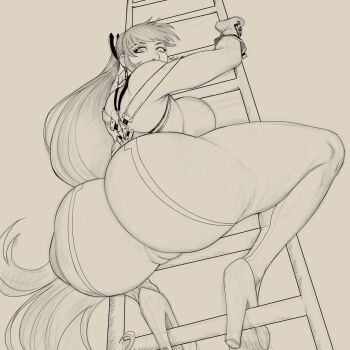 1girl 2024 absurdres ass bodysuit breasts cameltoe climbing_ladder devilhs eve_(stellar_blade) female_focus highres huge_ass ladder large_breasts long_hair solo solo_focus squatting stellar_blade thick_thighs thighs unfinished