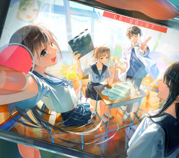 1boy 3girls absurdres bad_tag black_hair black_pants black_skirt blue_eyes blue_sailor_collar blue_shirt blue_socks book brown_hair cellphone chair clapperboard classroom closed_eyes commentary_request day desk fingernails floating_hair grin group_picture hand_up hands_up helmet highres holding holding_phone indoors long_hair multiple_girls ok_sign on_chair open_book open_clothes open_mouth open_shirt original pants phone pikusu pleated_skirt ponytail sailor_collar school_chair school_desk school_uniform serafuku shirt shirt_overhang shoes short_hair short_sleeves sitting skirt slice_of_life smartphone smile socks straight_hair summer_uniform tile_floor tiles uwabaki v very_short_hair viewfinder white_shirt