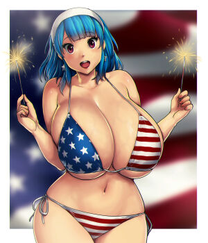 1girl american_flag american_flag_bikini american_flag_print bare_shoulders bikini blue_hair bow breasts cleavage curvy erkaz fireworks flag flag_print flag_print_bikini fourth_of_july hairband highres huge_breasts medium_hair navel open_mouth original print_bikini red_eyes rina_atherina side-tie_bikini_bottom sparkler swimsuit underboob white_bow white_hairband