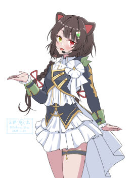 1girl :3 :d animal_ears animal_hair_ornament black_shirt black_skirt blush braid brown_hair commentary_request cowboy_shot cup_hair_ornament dated dog_ears frilled_skirt frills gold_trim hair_ribbon hand_up headset heterochromia highres idol_clothes inui_toko layered_shirt layered_skirt long_hair long_sleeves looking_at_viewer low_twin_braids miniskirt nijisanji nijisanji_idol_uniform open_mouth red_eyes red_ribbon ribbon saburou_hiji shirt simple_background skirt sleeve_cuffs smile solo thigh_strap twin_braids twitter_username very_long_hair virtual_youtuber white_background white_shirt white_skirt yellow_eyes