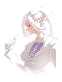 Rule 34 | black sclera, colored sclera, earrings, gloves, jewelry, long hair, nanquan zhanglang, necktie, pixiv fantasia, pixiv fantasia last saga, pointy ears, ponytail, red eyes, simple background, upper body, white background, white gloves