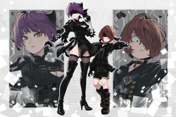 1boy 1girl 2b_(nier:automata) 2b_(nier:automata)_(cosplay) 9s_(nier:automata) 9s_(nier:automata)_(cosplay) absurdres black_boots black_choker black_dress black_gloves black_jacket black_shorts black_thighhighs boots breasts brown_hair choker cleavage cleavage_cutout clothing_cutout commentary cosplay dress gegege_no_kitarou gloves hair_over_one_eye highres jacket kitarou looking_at_viewer nekomusume nekomusume_(gegege_no_kitarou_6) nier:automata nier_(series) parted_lips purple_hair reaching reaching_towards_viewer shorts silanduqiaocui standing thigh_boots thighhighs thighs yellow_eyes zoom_layer
