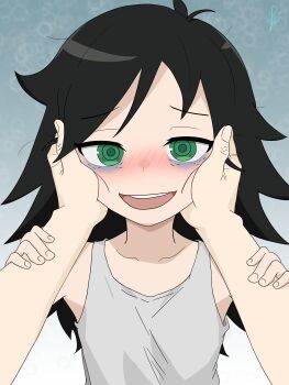 Rule 34 | 1girl, absurdres, ahoge, armpits, bags under eyes, bare shoulders, black hair, blush, clenched hands, collarbone, cuddling, facing viewer, female focus, fingernails, flat chest, green eyes, hands on another's face, hands up, happy, highres, isashamoko, kuroki tomoko, long hair, looking at viewer, messy hair, neck, open mouth, pov, pov adoring, pov hands, shirt, sidelocks, sleeveless, sleeveless shirt, smile, swept bangs, upper body, watashi ga motenai no wa dou kangaetemo omaera ga warui!