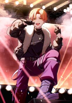 1boy absurdres belt black_gloves black_jacket black_shirt boots commentary gloves highres holding holding_microphone jacket long_sleeves microphone open_mouth orange_hair project_sekai shinonome_akito shirt smoke solo stage stage_lights symbol-only_commentary teneko02