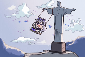 1girl beach bing_huyue bird blush_stickers brazil chest_jewel chibi christ_the_redeemer circlet cloud gem_hair_ornament hand_jewel highres hill hololive hololive_english koseki_bijou koseki_bijou_(1st_costume) long_hair on_swing open_mouth purple_eyes purple_hair rio_de_janeiro simple_background sky statue swing swinging swinging_on_swing virtual_youtuber