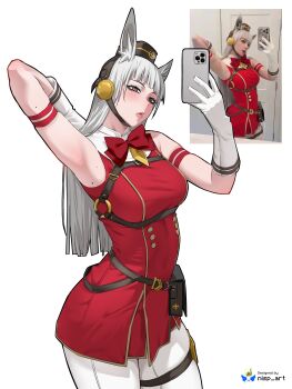 1girl absurdres animal_ear_fluff animal_ears arm_behind_back armband armpits blunt_bangs blunt_ends bow bowtie brown_hat cellphone commentary dress gold_ship_(red_strife)_(umamusume) gold_ship_(umamusume) grey_eyes grey_hair hat highres holding holding_phone horse_ears horse_girl long_hair mole mole_on_arm mole_on_armpit nisp_art pantyhose phone photo-referenced pillbox_hat red_armband red_bow red_bowtie red_dress reference_inset simple_background sleeveless sleeveless_dress smartphone solo thigh_strap umamusume white_background white_hair white_pantyhose