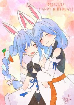 Rule 34 | 2girls, :d, ^ ^, absurdres, animal ear fluff, animal ears, bare shoulders, black gloves, black leotard, blue hair, blush, bow, braid, brown pantyhose, carrot hair ornament, closed eyes, closed mouth, commentary request, dated, detached sleeves, dress, food-themed hair ornament, gloves, hair bow, hair ornament, hands up, happy birthday, highres, hololive, kiritoma, leotard, long hair, mother and daughter, multicolored hair, multiple girls, open mouth, pantyhose, pekomama, puffy short sleeves, puffy sleeves, rabbit ears, short eyebrows, short sleeves, signature, smile, strapless, strapless dress, thick eyebrows, twin braids, twintails, two-tone hair, usada pekora, usada pekora (1st costume), very long hair, virtual youtuber, white bow, white dress, white hair, white sleeves