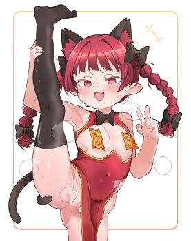 +++ 1girl :d alternate_costume animal_ear_fluff animal_ears anus armpits black_bow black_bowtie black_thighhighs blush bow bowtie braid breasts cat_ears cat_tail censored china_dress chinese_clothes covered_navel dress extra_ears fang flat_chest hair_bow kaenbyou_rin kneepits leg_up loli long_hair looking_at_viewer maebari multiple_tails nekomata no_panties ofuda open_mouth pasties pelvic_curtain pointy_ears red_dress red_eyes red_hair simple_background skin_fang sleeveless sleeveless_dress small_breasts smile solo split standing standing_on_one_leg standing_split sweat tail thighhighs touhou twin_braids two_tails v white_background
