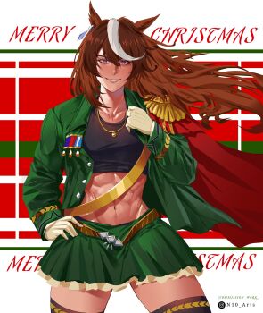 1girl abs aiguillette animal_ears ascot black_sports_bra breasts brown_hair cape earrings epaulettes gloves green_jacket green_skirt grin hair_between_eyes highres horse_ears horse_girl jacket jewelry long_hair long_sleeves looking_at_viewer medal midriff multicolored_hair n10_arts no_tail open_clothes open_jacket open_mouth panty_straps purple_eyes red_cape side_cape single_earring single_epaulette skirt smile sports_bra streaked_hair symboli_rudolf_(emperor's_path)_(umamusume) symboli_rudolf_(umamusume) teeth thighhighs umamusume white_gloves white_hair white_thighhighs