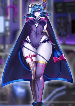 Rule 34 | 1girl, abiboge, absurdres, blue hair, braid, braided twintails, breasts, cameltoe, cape, colored sclera, colored skin, curvy, domino mask, eye mask, gloves, goggles, goggles on head, grey sclera, grey skin, highres, large breasts, leotard, mask, purple leotard, pussy, see-through clothes, socks agency, standing, thick thighs, thighhighs, thighs, twin braids, virtual youtuber, whip, wide hips, yellow eyes, yomi quinnley