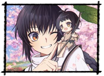 androgynous black_hair braid brown_eyes cherry_blossoms close-up commentary_request falling_petals fate/grand_order fate_(series) grin leaf_umbrella long_hair mini_person on_shoulder one_eye_closed petals smile ssm_chan_009 sukunabikona_(fate) warashi_(fate) yamato_takeru_(fate)