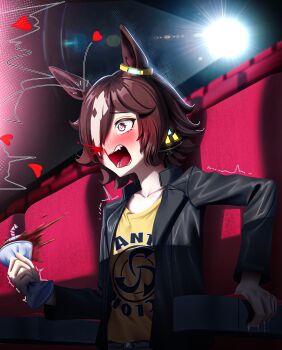 1girl absurdres animal_ears aroused_nosebleed black_jacket blood blush breasts brown_eyes brown_hair clenched_hand collarbone commentary_request cup disposable_cup ear_ornament earrings fang hair_over_one_eye heart highres horse_ears horse_girl indoors jacket jewelry leather leather_jacket long_hair long_sleeves manjo_(warito) movie_theater multicolored_hair nosebleed open_mouth pants sharp_teeth shirt sitting soda teeth umamusume upper_body vodka_(casual)_(umamusume) vodka_(umamusume) white_hair yellow_shirt