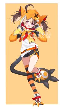 1girl :d absurdres ahoge animal_ear_hood animal_hood arashii_desu asymmetrical_legwear bandaid bandaid_on_knee bandaid_on_leg belt black_gloves black_tail black_thighhighs blonde_hair blush border brown_hair cat_hood claw_pose commentary criss-cross_straps cropped_hoodie english_commentary fake_animal_ears fingerless_gloves foot_up_heel_up full_body gigi_murin gigi_murin_(1st_costume) gloves hair_through_hood head_tilt highres hololive hololive_english hood hood_up hoodie long_sleeves looking_at_viewer multicolored_hair open_mouth orange_background orange_belt orange_hood orange_hoodie orange_nails orange_thighhighs over-kneehighs paw_shoes pink_eyes puffy_long_sleeves puffy_sleeves sharp_teeth shirt shoes short_hair short_twintails single_over-kneehigh single_thighhigh smile sneakers standing standing_on_one_leg striped_clothes striped_thighhighs teeth thighhighs twintails two-tone_hair v-shaped_eyebrows virtual_youtuber white_border white_shirt white_shoes zipper zipper_footwear zipper_pull_tab