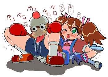 1girl bike_shorts blush female_focus flat_chest green_eyes latex latex_pants latex_shorts loli monkey one_eye_closed pipo_monkey pussy saru_getchu sayaka_(saru_getchu) skin_tight tongue tongue_out twintails white_background