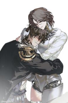 1boy 1girl absurdres android arms_around_neck arms_around_waist black_coat black_hair breasts brown_hair coat enigma_(reverse:1999) grin half-closed_eyes hand_on_own_head heads_together highres hug joints large_breasts lucy_(reverse:1999) metal_skin mole mole_under_mouth mutual_hug parted_lips reverse:1999 robot_girl robot_joints shirt short_hair smile sweat tunapsycho_99 upper_body white_shirt yellow_eyes