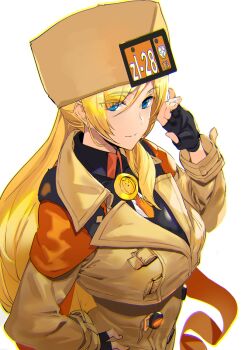 1girl ashiomi_masato blonde_hair blue_eyes breasts commentary_request fingerless_gloves fur_hat gloves guilty_gear guilty_gear_strive hat long_hair looking_at_viewer millia_rage simple_background smile solo white_background