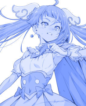 1girl blue_theme bow cape clenched_teeth commentary_request cure_sky cut_bangs detached_sleeves dress earrings fingerless_gloves floating_hair gloves hair_bow hair_ornament hand_up highres hirogaru_sky!_precure jewelry kazuma_muramasa long_hair looking_ahead magical_girl monochrome precure puffy_detached_sleeves puffy_sleeves sleeveless sleeveless_dress solo sora_harewataru teeth twintails upper_body wing_hair_ornament wrist_cuffs