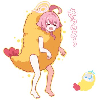 2girls =_= ahoge bare_arms barefoot blue_archive chibi chibi_inset closed_eyes fang food full_body halo hoshino_(blue_archive) hot ideolo like_and_redraw_challenge long_hair multiple_girls open_mouth outline pink_hair shiroko_(blue_archive) shrimp shrimp_tempura simple_background skin_fang solo_focus sweat tempura tempura_costume translation_request white_background yellow_outline