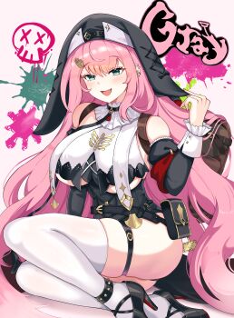 1girl absurdres aqua_eyes backpack bag bare_shoulders belt belt_pouch black_belt black_dress black_panties black_veil blush breast_curtains breasts character_name commentary detached_sleeves dress english_commentary fang frilled_wrist_cuffs frills gerie_(stella_sora) gold_trim graffiti hair_between_eyes hair_ornament hand_up high_heels highres large_breasts leash long_hair long_sleeves looking_ahead nun open_mouth paint_splatter panties pink_hair pouch puffy_detached_sleeves puffy_sleeves sidelocks sitting skin_fang sleeve_cuffs smile solo spikes stella_sora strap thigh_strap thighhighs thighs underboob underwear vavamva veil very_long_hair white_background white_dress white_thighhighs wrist_cuffs