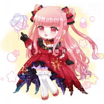 Rule 34 | 1girl, absurdly long hair, black gloves, blunt bangs, border, bow, bubble, chibi, collar, commission, deformed, detached collar, dot nose, double bun, dress, earrings, eyelashes, fang, frilled bow, frilled dress, frilled gloves, frilled thighhighs, frills, gloves, hair bow, hair bun, hair ornament, highres, infinity nikki, jewelry, light blush, light particles, long dress, long hair, looking ahead, moqiluo847, nikki (series), open mouth, outside border, pink eyes, pink hair, pointing, procreate (medium), red bow, red collar, red dress, red shoes, sample watermark, shoes, short sleeves, skin fang, smile, solo, standing, star (symbol), star earrings, star hair ornament, striped bow, thighhighs, threads of reunion (infinity nikki), too many watermarks, torn clothes, torn dress, two side up, vertical-striped collar, very long hair, watermark, whimstar (infinity nikki), white border, white thighhighs, yarn, yellow background