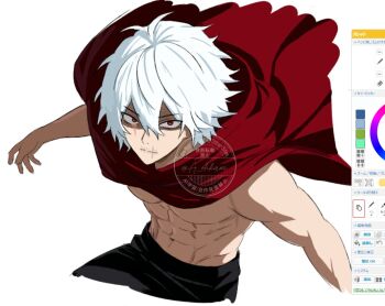 1boy a_ohkami abs boku_no_hero_academia cape hair_between_eyes male_focus pants red_cape red_eyes scar shigaraki_tomura solo upper_body white_background white_hair