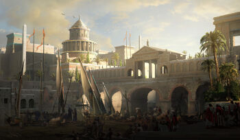 absurdres ancient_egyptian arch architecture assassin's_creed:_origins assassin's_creed_(series) blue_sky boat bridge building cloud cloudy_sky column_lineup commentary dock english_commentary flock greco-roman_architecture greco-roman_clothes highres obelisk outdoors painterly palm_tree people raphael-lacoste river roman_clothes sail scenery sky sunlight toga town tree watercraft