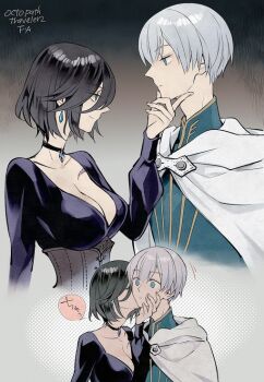 1boy 1girl black_choker black_hair breasts brown_corset choker commentary_request copyright_name corset dress earrings eye_contact gradient_background grel_(r6hgvu5) grey_background grey_hair hand_on_another's_cheek hand_on_another's_face hetero jewelry kiss large_breasts looking_at_another octopath_traveler octopath_traveler_ii purple_dress short_hair temenos_mistral throne_anguis translation_request white_background wide-eyed