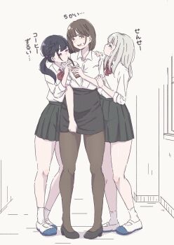 3girls absurdres black_hair black_shoes black_skirt blonde_hair bow bowtie brown_hair brown_pantyhose closed_mouth collared_shirt drink drinking drinking_straw drinking_straw_in_mouth girl_sandwich green_eyes hand_on_another's_shoulder highres holding holding_another's_arm holding_drink holding_own_skirt light_blush loafers long_hair looking_at_another miyao385 mole mole_under_eye mole_under_mouth multiple_girls nervous nervous_smile nervous_sweating open_mouth orange_eyes original pantyhose pencil_skirt pleated_skirt purple_eyes red_bow red_bowtie sandwiched school_uniform shared_drink shirt shoes short_hair skirt smile socks standing sweat teacher_and_student translation_request white_background white_shirt white_shoes white_socks