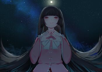 Rule 34 | 1girl, black hair, blunt bangs, blush, closed mouth, commentary, floating hair, full moon, glowing, glowing eyes, hashtag-only commentary, hime cut, houraisan kaguya, ilvsn6 6, long hair, long sleeves, looking at viewer, moon, night, outdoors, own hands together, pink shirt, puffy sleeves, red eyes, shirt, sky, smile, solo, star (sky), starry sky, symbol-only commentary, touhou, twitter username, upper body, very long hair