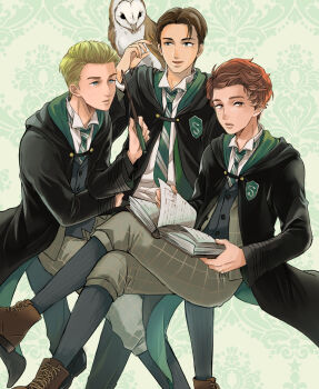 3boys bird black_hair black_robe blind blonde_hair book brown_hair crossed_arms elice-mami freckles green_necktie highres hogwarts_legacy hogwarts_school_uniform holding holding_book holding_wand hooded_robe male_focus multiple_boys necktie ominis_gaunt open_book owl pants plaid_clothes plaid_pants protagonist_(hogwarts_legacy) reading robe school_uniform sebastian_sallow short_hair slytherin striped_necktie wand wizarding_world
