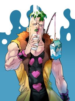 Rule 34 | 1boy, black shirt, blue background, commentary request, cup, drink carton, drinking, drinking straw, fishing rod, fur collar, glass, green hair, green lips, green nails, heart, heart print, holding, holding cup, jacket, jojo no kimyou na bouken, looking at viewer, male focus, milk, milk carton, nail polish, pesci, rarirari, shirt, sleeveless, sleeveless jacket, solo, undercut, upper body, vento aureo, white background, wristband, yellow jacket