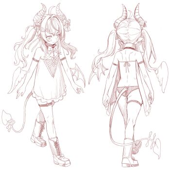 1girl agemmata ahoge angel_wings apron armband ass bare_shoulders bat_wings belt boots bow closed_mouth colored_lineart demon_horns demon_tail footwear_bow frilled_apron frills full_body highres horn_bow horn_ornament horns looking_to_the_side monochrome multiple_views panties phase_connect remilia_nephys remilia_nephys_(remi_2.0) sepia shoulder_blades sidelocks simple_background smile solo tail thigh_belt thigh_strap twintails underwear walking white_background wings