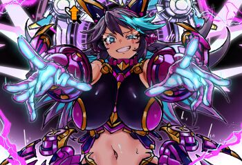 1girl absurdres animal_ear_headphones animal_ears bare_shoulders blue_eyes blue_hair blush breasts cat_ear_headphones cat_ears colored_inner_hair ebora electricity fake_animal_ears gloves gold_trim grin halo headphones highres large_breasts long_hair looking_at_viewer mechanical_gloves mechanical_halo multicolored_hair navel nyanko_daisensou outstretched_arms purple_gloves purple_hair purple_sports_bra smile solo sports_bra streaked_hair thundia_(nyanko_daisensou)