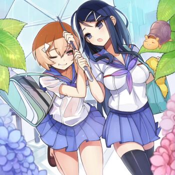 2girls :o bad_id bad_pixiv_id bag black_eyes black_hair black_legwear brown_eyes brown_hair character_request flower grin hair_ornament hairclip holding holding_umbrella hydrangea izuru_(timbermetal) long_hair multiple_girls navel one_eye_closed open_mouth pleated_skirt school_uniform see-through_clothes see-through_silhouette serafuku shared_umbrella sharing short_hair shoulder_bag skirt smile snail thighhighs umbrella wet wet_clothes wink zettai_ryouiki