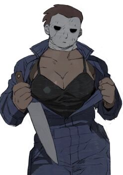 Rule 34 | 1girl, breasts, cleavage, commentary request, dark-skinned female, dark skin, genderswap, genderswap (mtf), halloween (movie), highres, holding, holding knife, jumpsuit, knife, large breasts, long sleeves, mask, michael myers, open jumpsuit, sakakikaga, solo, tank top