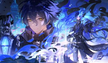 1boy absurdres antenna_hair belt black_belt black_capelet black_coat black_gloves blue_fire blue_hair capelet chinese_commentary closed_mouth coat collared_capelet commentary_request crossed_bangs feet_out_of_frame fire flaming_eye flins_(genshin_impact) genshin_impact gloves grey_pants hair_between_eyes highres holding holding_lantern lantern leleyoukuailele lighthouse long_hair long_sleeves looking_at_viewer male_focus multiple_views outstretched_arm pants upper_body yellow_eyes