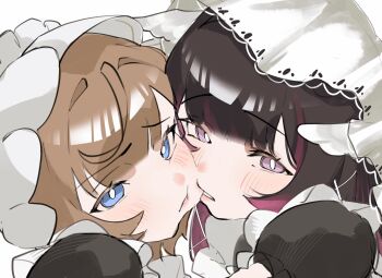 2girls apron biting biting_cheek black_dress black_hair blue_eyes blush brown_hair closed_mouth columbina_(genshin_impact) commentary_request dress genshin_impact highres maid_headdress multicolored_hair multiple_girls parted_lips purple_eyes purple_streaks sa_3987 sandrone_(genshin_impact) simple_background streaked_hair white_apron white_background yuri