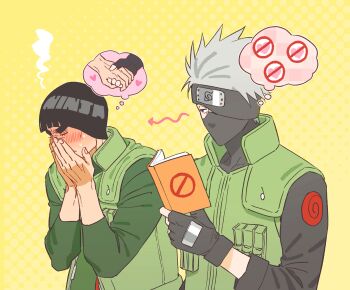 Rule 34 | 2boys, absurdres, another ship dynamic i enjoy (meme), black gloves, black hair, black headband, black mask, black shirt, blunt bangs, blush, bodysuit, book, bowl cut, commentary request, covering own mouth, fingerless gloves, flak jacket, furrowed brow, gloves, green bodysuit, green vest, grey hair, hatake kakashi, headband, headband over one eye, highres, holding, holding book, holding hands, holding hands is lewd, jacket, konohagakure shinobi uniform, konohagakure symbol, korean commentary, looking at another, m0 mo momo, male focus, mask, meme, might guy, mouth mask, multiple boys, naruto (series), shirt, short hair, spiked hair, sweat, thick eyebrows, upper body, vest, yaoi, yellow background