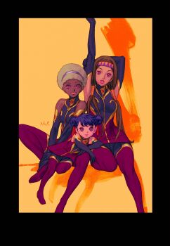 3girls afro armpits black_gloves breasts character_request closed_mouth dark-skinned_female dark_skin elbow_gloves full_body gloves highres lips long_hair looking_at_viewer multiple_girls official_art pantyhose purple_pantyhose shadow short_hair smile twintails uchuu_senkan_yamato uchuu_senkan_yamato_2199 yuuki_nobuteru